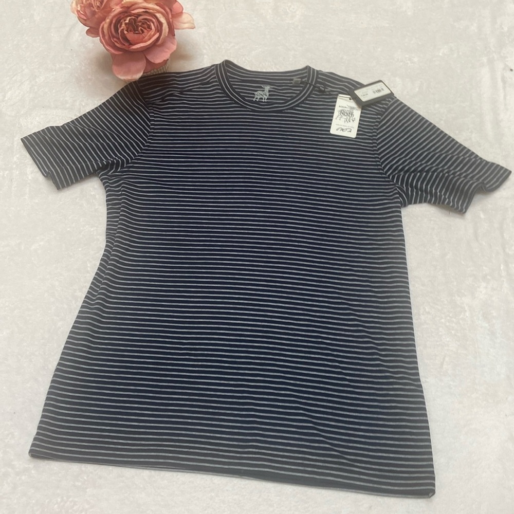 RAFFI NWT Size M Navy & White Striped Short Sleeve Cotton Shirt